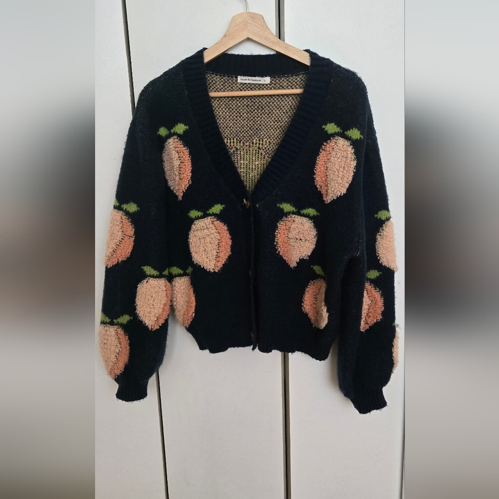 moon & madison Blue Cardigan with Peach and Green Accents - L